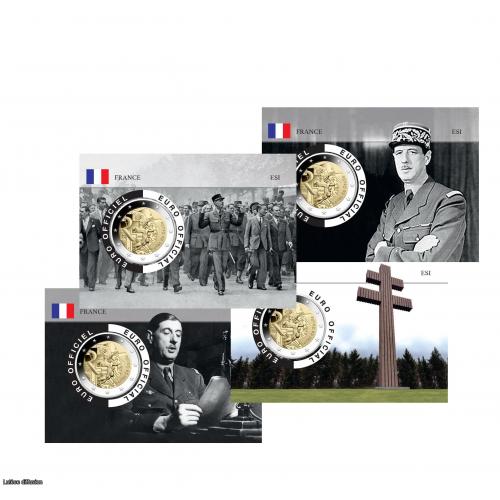 Lot de 4 coincards Charles de Gaulle avec Pièces de 2 euros (ref27552)