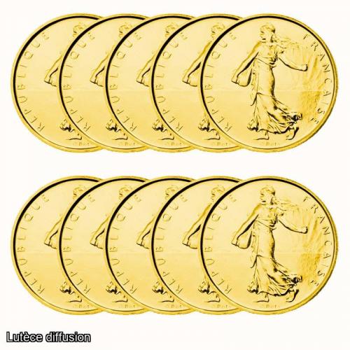 Lot de 10 x Cinq Francs semeuse en Argent - dorée à l'or fin 24 carats (ref.41213)