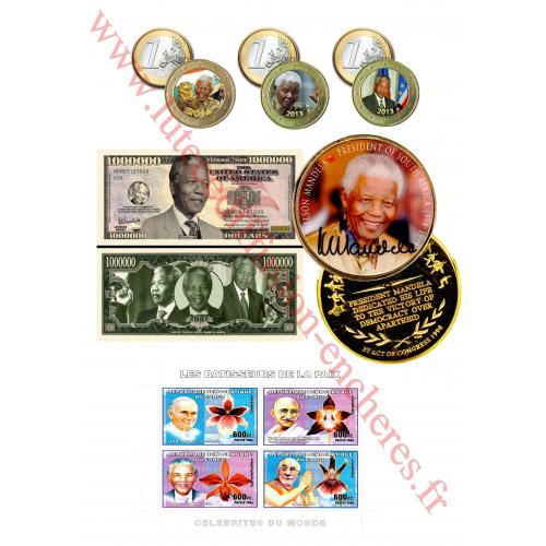 Un lot de monnaies, timbres, billet et médaille à l'effigie de Nelson Mandela (ref 485)