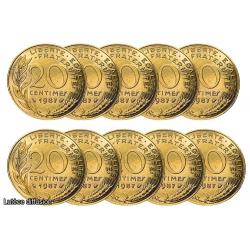 LOT DE 10 PIECES 20 Centimes Marianne dorée à l'or fin 24 carats (Ref206498)