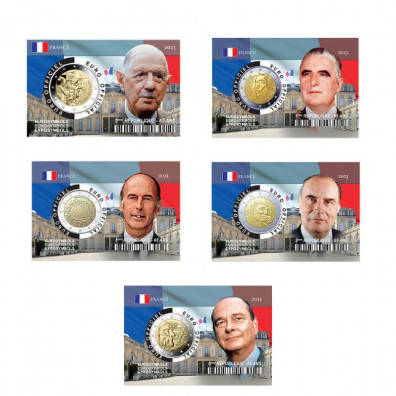 Collection complète de 5 Coincards 5ème République – 2 euros France (ref57636m)