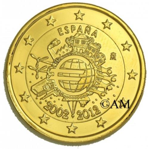 Espagne 2012 - 2 euro commémorative 10 ans de l'euro dorée à l'or fin 24 carats Réf 320189