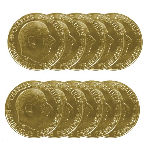 Lot de 10 pièces 1 Franc Général de Gaulle - dorée or fin 24 carats  (ref206331)