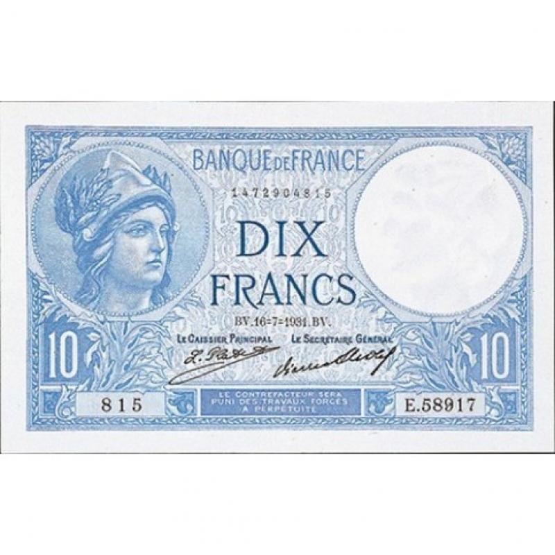 10 Francs - Minerve et Paysanne - Caissier Principal- Belle qualité (ref639108m)