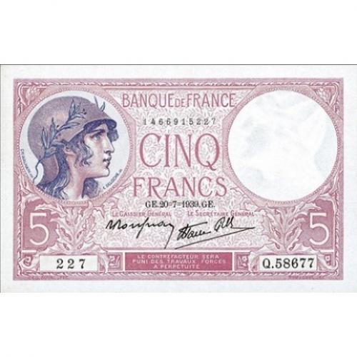 5 Francs - Violet - Modifie Caissier General - Belle qualité (ref638981)