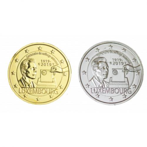 LOT Luxembourg 2019 SUFFRAGE UNIVERSEL – 2€uro commémorative dorée et argentée (Ref46151)