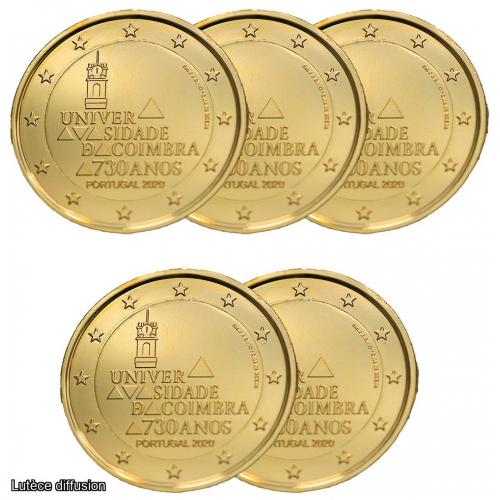 LOT DE 5 PIECES Portugal 2020 dorée à l'or fin 24 carats - 2€ commémorative (ref44900)